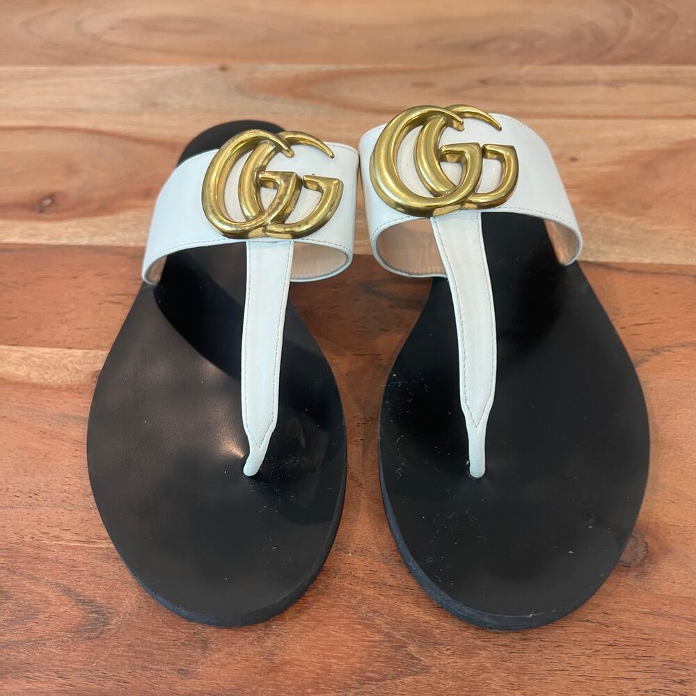6 Gucci Double G Leather Thong Sandals in white leather Flip Flops Flats - Picture 2 of 10